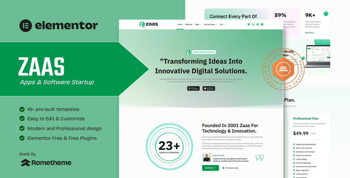 Zaas – Apps & Software Startup Elementor Template Kit